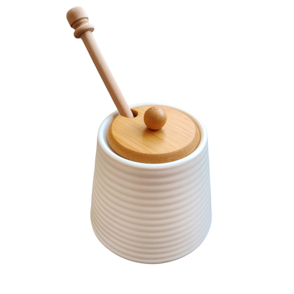Morris National Other - White Decorative Honey Pot with Wooden Dipper and Lid